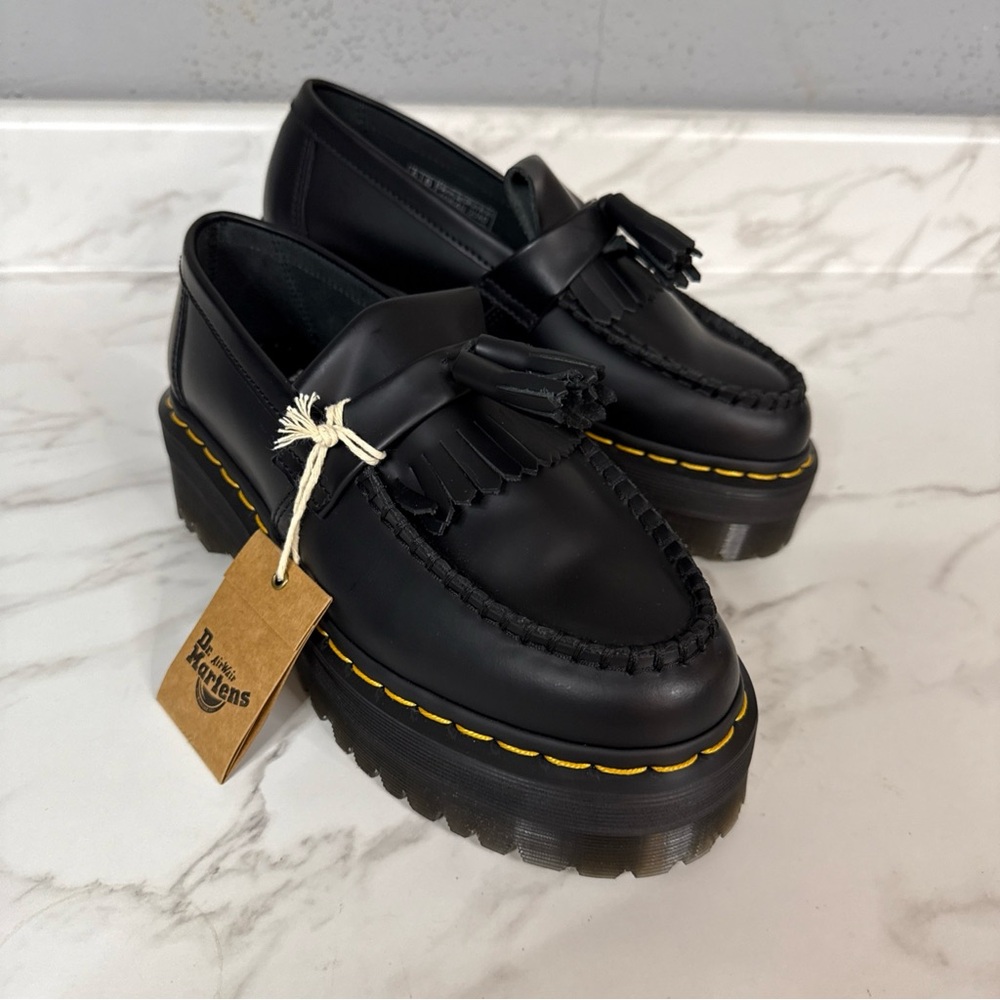 Doc Martens Adrian Quad W8/M7Black Leather Slip On Platform Tassel Loafers New